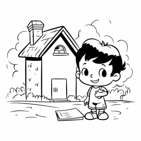 Black and White Cartoon Illustration of Kid Boy Reading a Book n