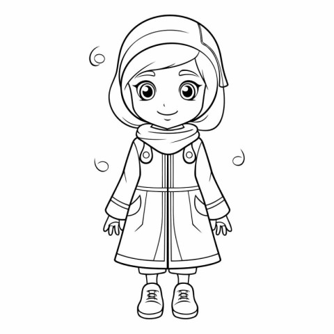 Cute little girl in winter clothes for coloring book.