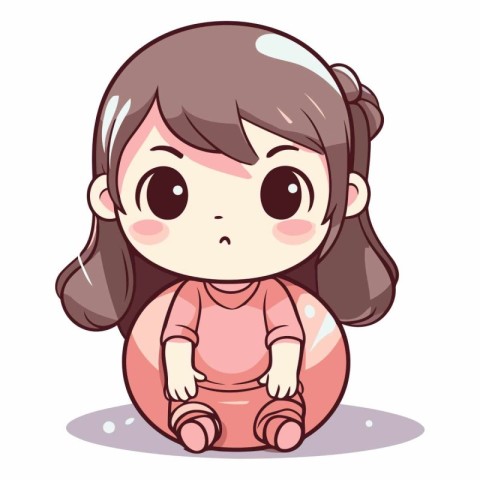 Cute cartoon little girl sitting on a ball.