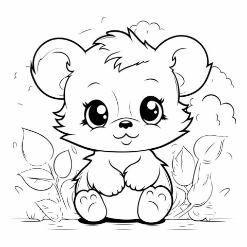 Cute little bear with flowers for coloring book.