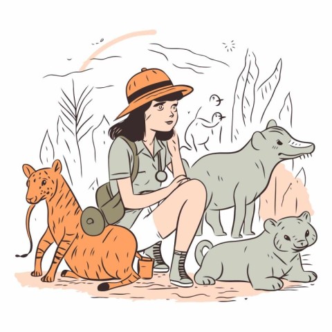 Vector illustration of a girl in a hat with a pack of wild anima