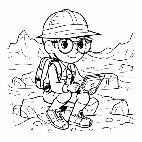 Hiking boy with a backpack and tablet in the mountains. coloring