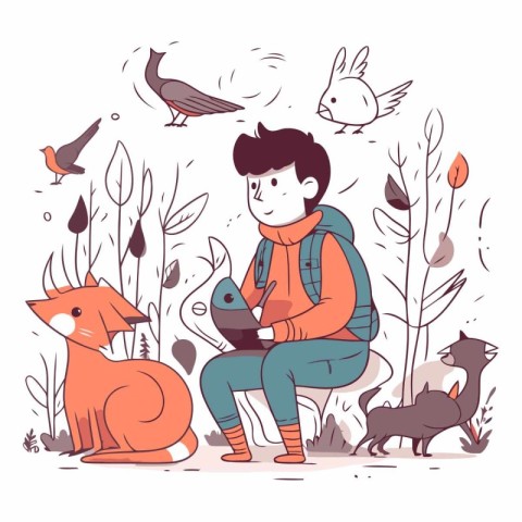 Vector illustration of a young man with a laptop and a fox.