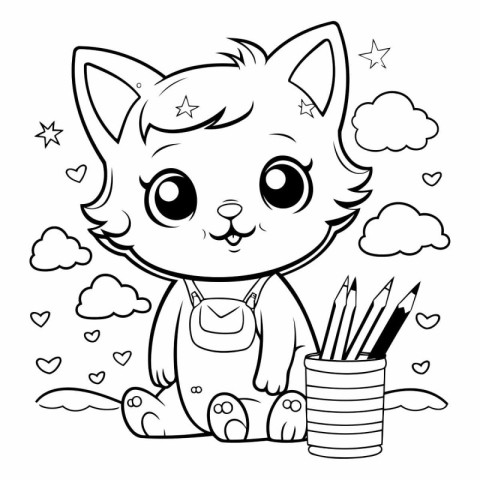 Coloring Page Outline Of Cute Cat With Pencils