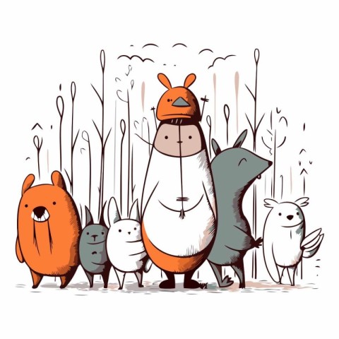 Vector illustration of a group of funny cartoon animals in the f