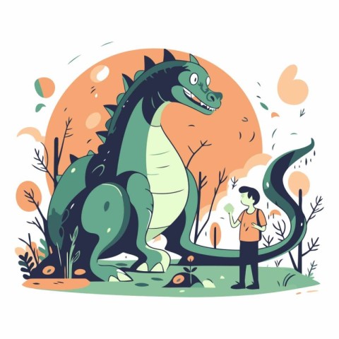 Vector illustration of a boy playing with a dinosaur in the park