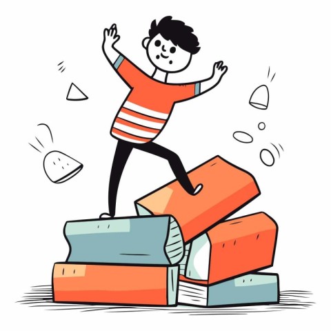 Boy jumping from a pile of books in cartoon style.