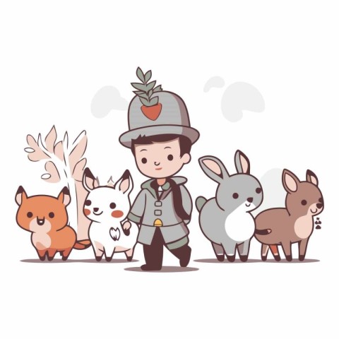 Cute boy in safari costume with animals.