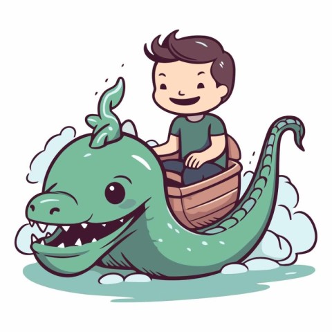 Cartoon boy riding a dragon boat of a boy riding a dragon boat.