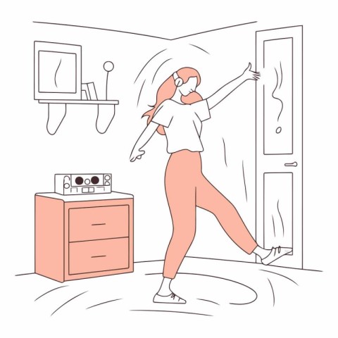 Young woman dancing at home in doodle style.