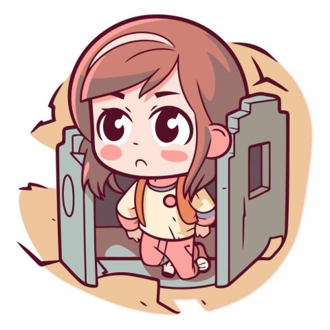 Illustration of a Cute Little Girl Sitting Inside a Huge Safe