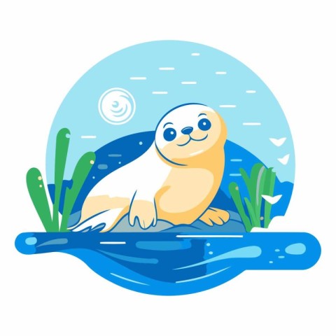 Cute seal on the water. flat style.