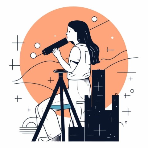 Vector illustration of a young woman looking through a telescope