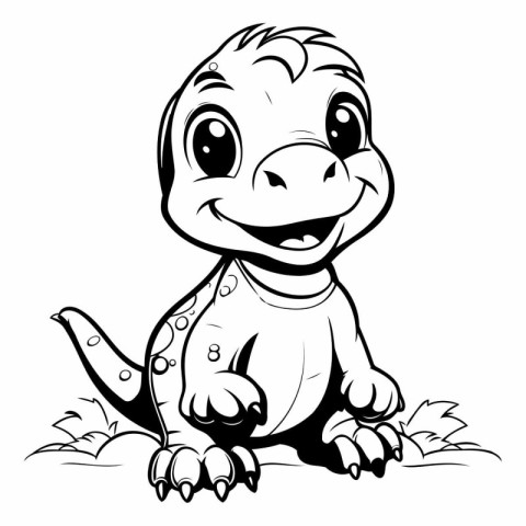 cute baby dinosaur sitting on the ground. black and white vector