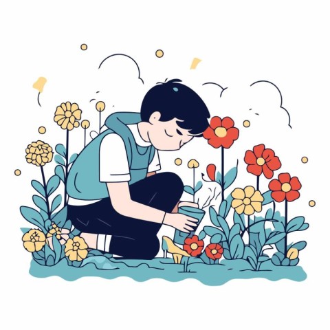 Vector illustration of a boy watering flowers in the garden. Fla