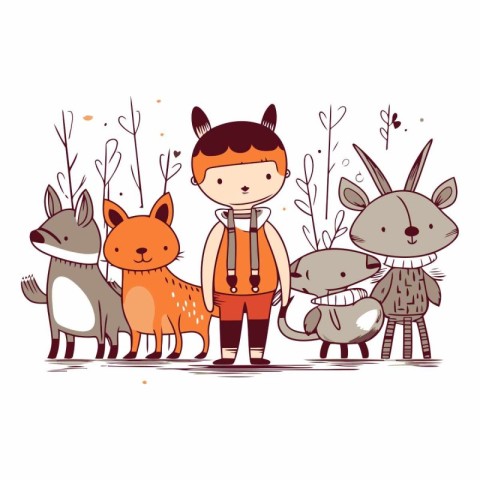 Cute little boy and animals. Cartoon style.