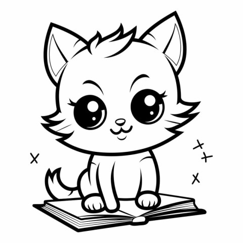 Black And White Cartoon Illustration of Cute Little Cat Animal C