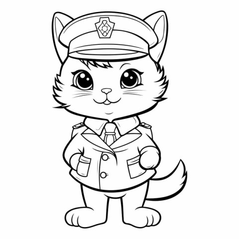 Black and White Cartoon Illustration of Cute Cat Police Officer