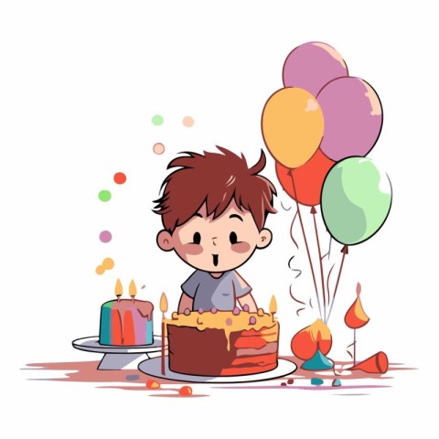 Boy Celebrating Birthday With Cake and Balloons