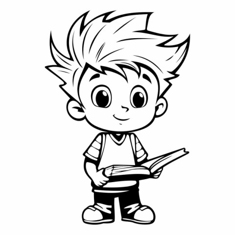 Cute Cartoon Boy Reading a Book - Black and White Vector Illustr