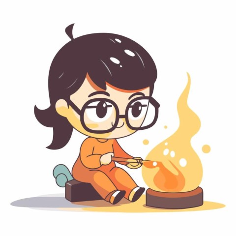 Cute little girl in glasses playing with fire.