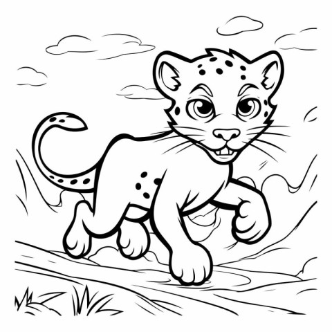 Black and White Cartoon Illustration of Cute Leopard Animal Char