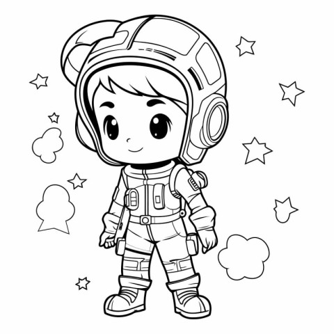 Cute little astronaut in space suit for coloring book.