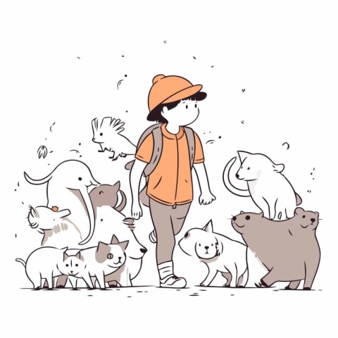 Vector illustration of a girl walking with a group of cats and d