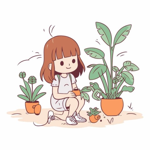 Cute little girl planting plants in cartoon style.