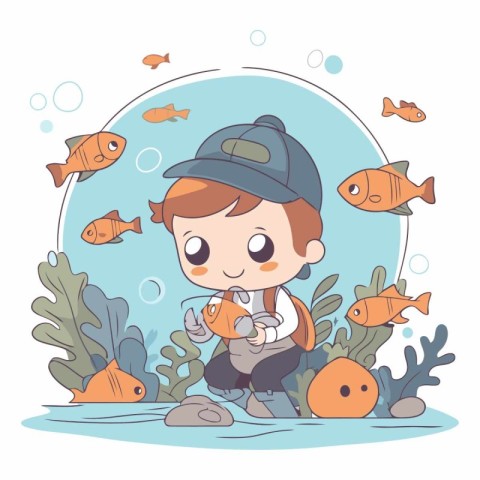 Cute boy fishing in the sea in cartoon style.