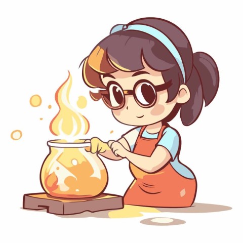 Cute little girl in apron and glasses making a candle.