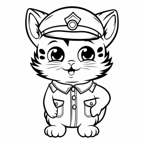 Black and White Cartoon Illustration of Cute Cat Police Officer