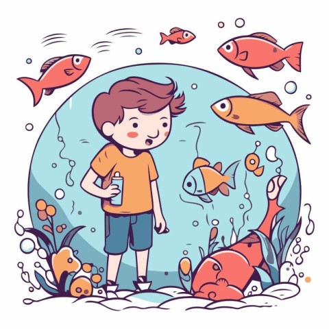 Little boy swimming in aquarium with fishes in cartoon style.