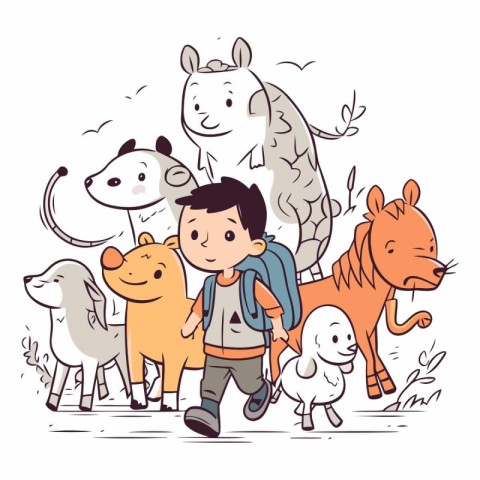 Vector illustration of a boy with a backpack and a group of anim