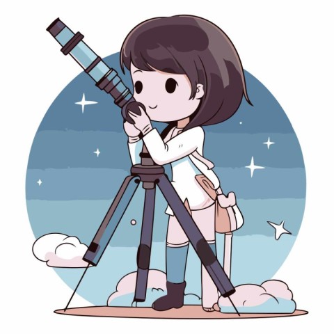 Girl with telescope on the background of the night sky.