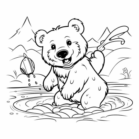 coloring book for children: a bear fishing in a puddle