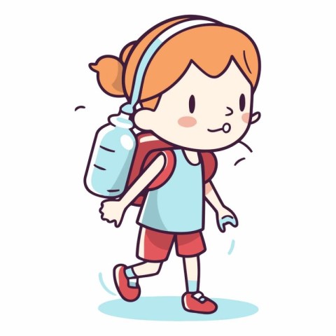 Cartoon little girl going to school with backpack.