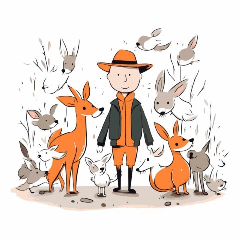 Hand drawn vector illustration of a farmer with his animals. Car