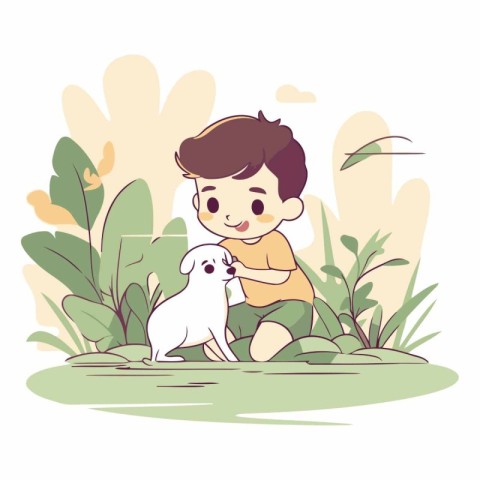 Boy playing with a dog in the park. Cute cartoon vector illustra