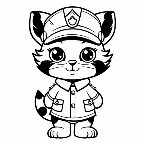 Black and White Cartoon Illustration of Cute Baby Cat Captain An