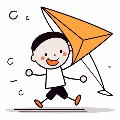 Cute boy running with an orange paper plane.