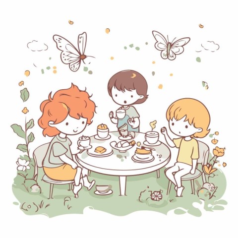 Illustration of a Cute Kids Having a Tea Party in the Garden