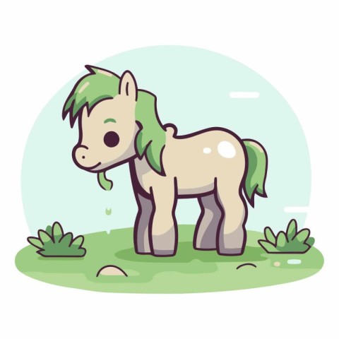 Cute cartoon horse on green grass in flat style.