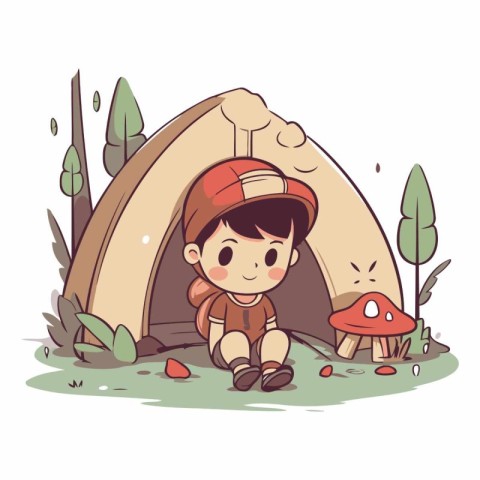 Cute little boy with a tent in the forest