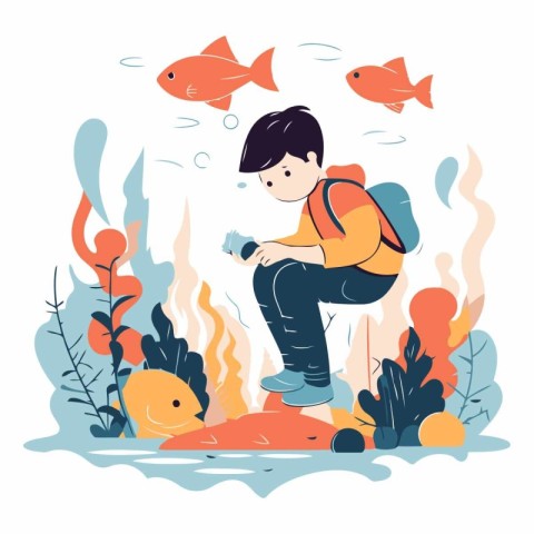 Boy with a backpack and fish in the aquarium.