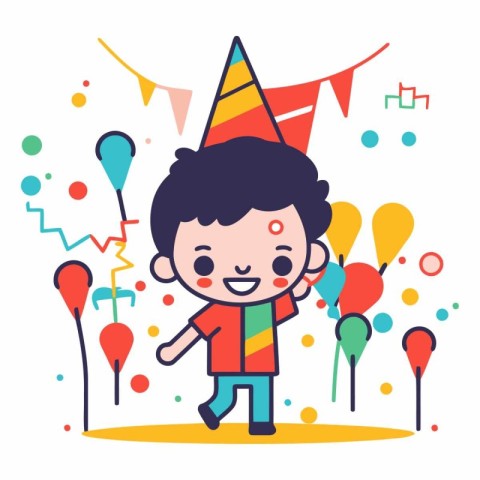 Cute cartoon boy with party hat and balloons.