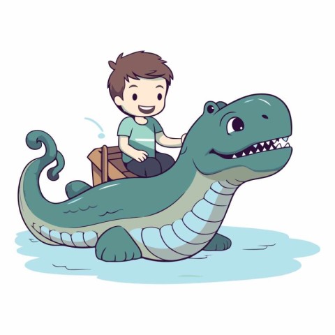 Cute boy riding a crocodile in cartoon style.