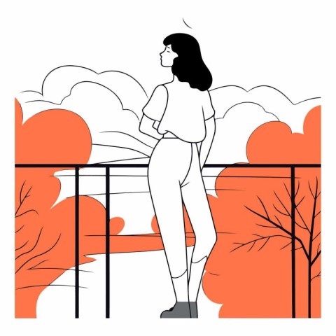 Vector illustration of a girl on the balcony in the autumn park.