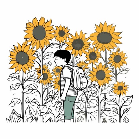 Boy with backpack and sunflowers in the field vector illustratio