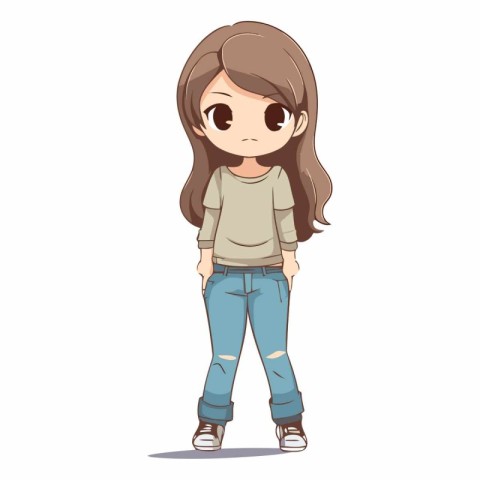 Cute little girl with long brown hair in cartoon style.